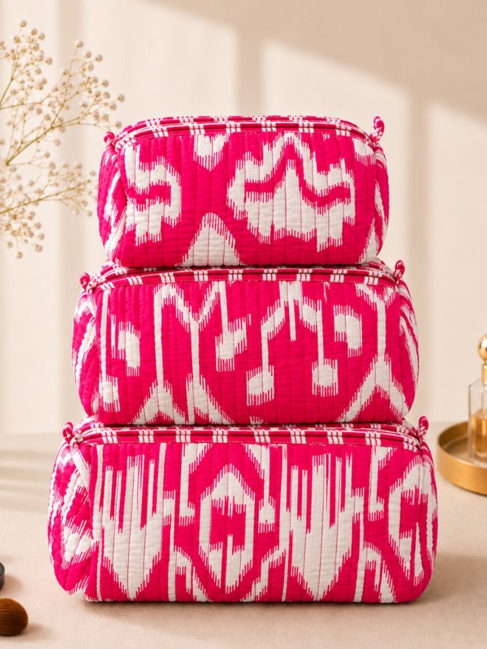 Set of 3 Magenta Pink Ikat Print Cosmetic Pouch Quilted Cotton Toiletry Bag